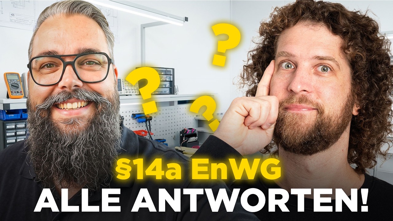 Zwei Männer in einer Werkstatt, daneben gelbe Fragezeichen und die Aufschrift §14a EnWG – Alle Antworten!