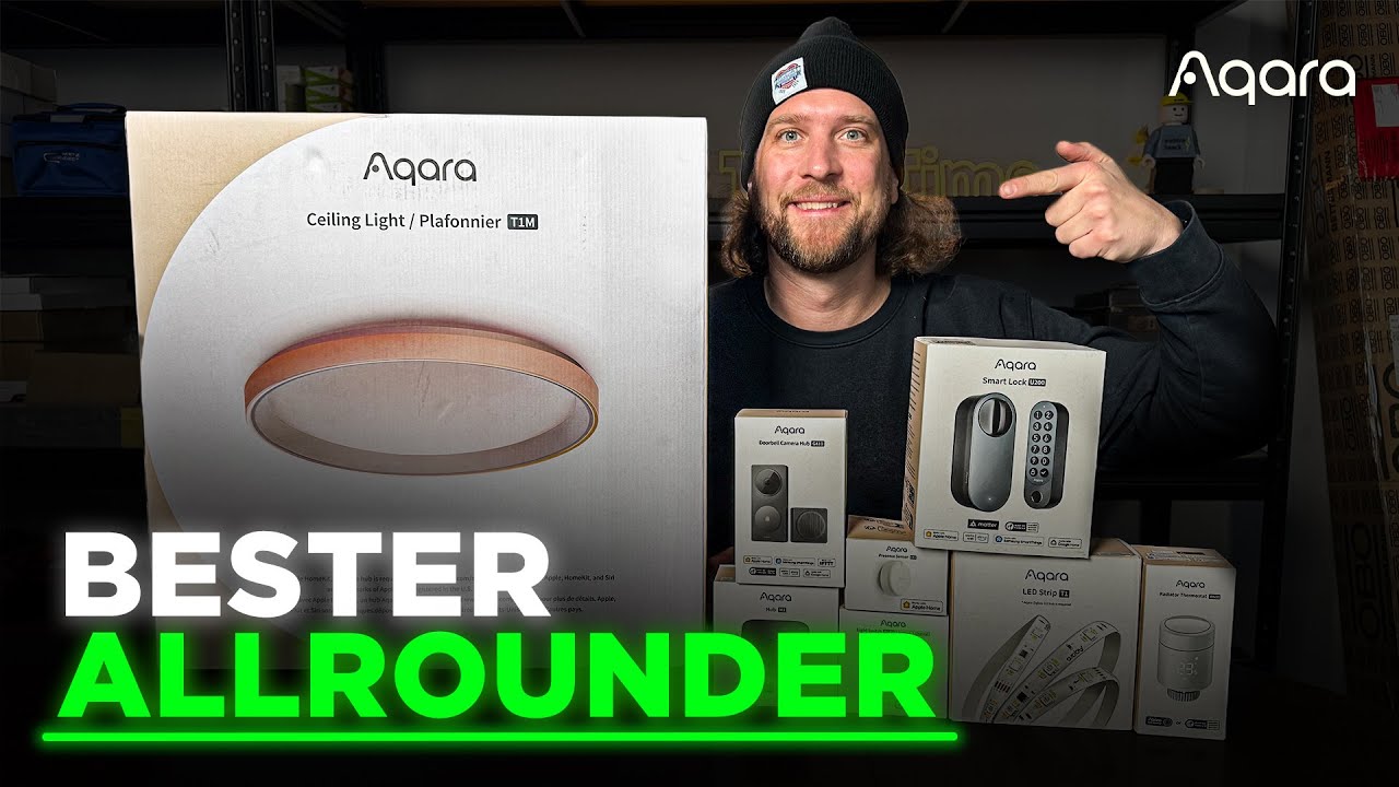 Vorschaubild: Tobias Haack mit Mütze neben mehreren Aqara-Produktkartons, darunter Deckenleuchte T1M, Smart Lock U200, Türklingel, LED Strip und Heizkörperthermostat, Aqara-Logo und Schriftzug „Bester Allrounder“
