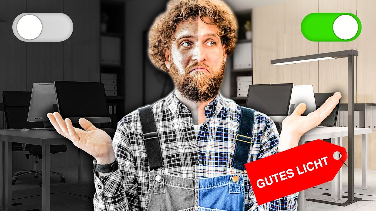 Vorschaubild: Tobias Haack mit fragender Geste, links ein dunkles Büro in Schwarz-Weiß mit Schalter auf Aus, rechts ein helles Büro mit Leuchte am Schreibtisch und Schalter auf An, rotes Etikett „Gutes Licht“