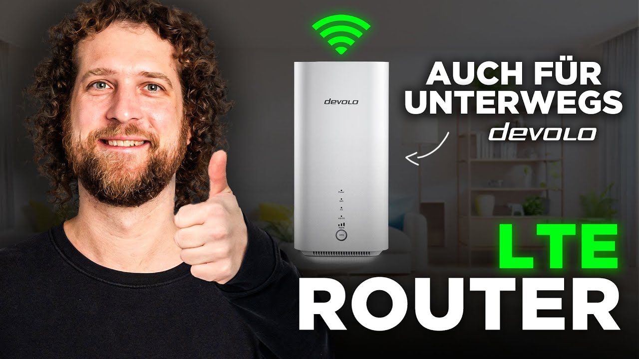 Vorschaubild: Tobias Haack lächelt mit Daumen hoch neben einem weißen Devolo-Router mit grünem WLAN-Symbol, Schriftzug „Auch für unterwegs“ und „LTE Router“