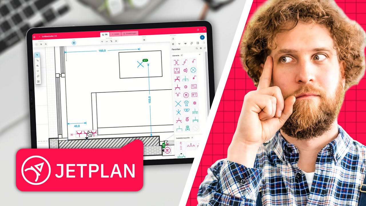 Tobias Haack mit nachdenklicher Geste neben einem Tablet, das einen Grundriss mit Elektro-Symbolen und Maßangaben in der Jetplan App zeigt, davor das Jetplan-Logo