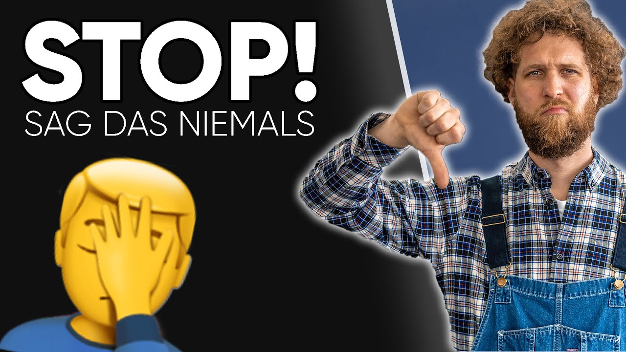 Vorschaubild: Mann mit lockigen Haaren, Bart, kariertem Hemd und Latzhose zeigt mit dem Daumen nach unten, daneben ein Emoji, das die Hand vors Gesicht hält, und der Schriftzug „STOP! Sag das niemals“