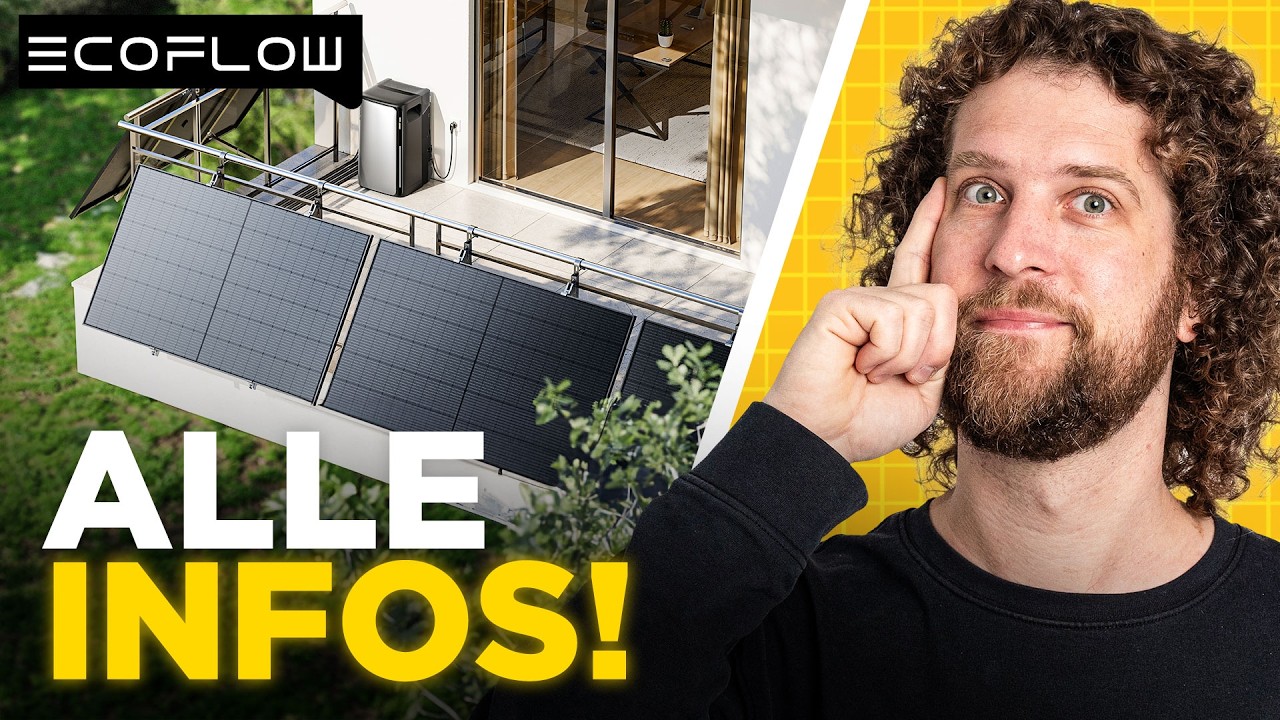 Tobias Haack neben einer Grafik eines Balkons mit Solarmodulen am Geländer und einem Gerät an der Hauswand, oben links das EcoFlow-Logo, unten der Schriftzug „Alle Infos!“