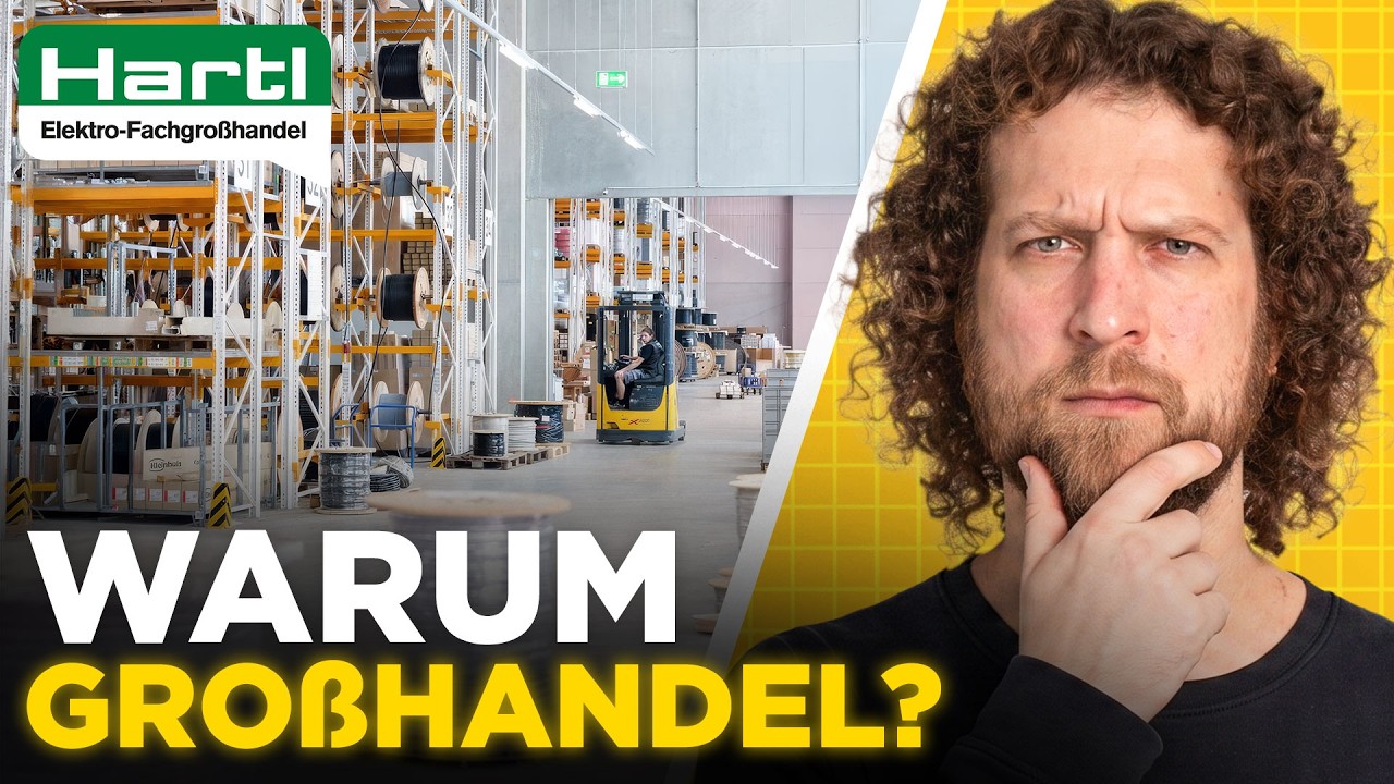 Vorschaubild: Tobias Haack mit nachdenklicher Geste vor gelbem Hintergrund, daneben eine Lagerhalle mit Regalen, Kabeltrommeln und einem Stapler, Logo Hartl Elektro-Fachgroßhandel und Schriftzug „Warum Großhandel?“