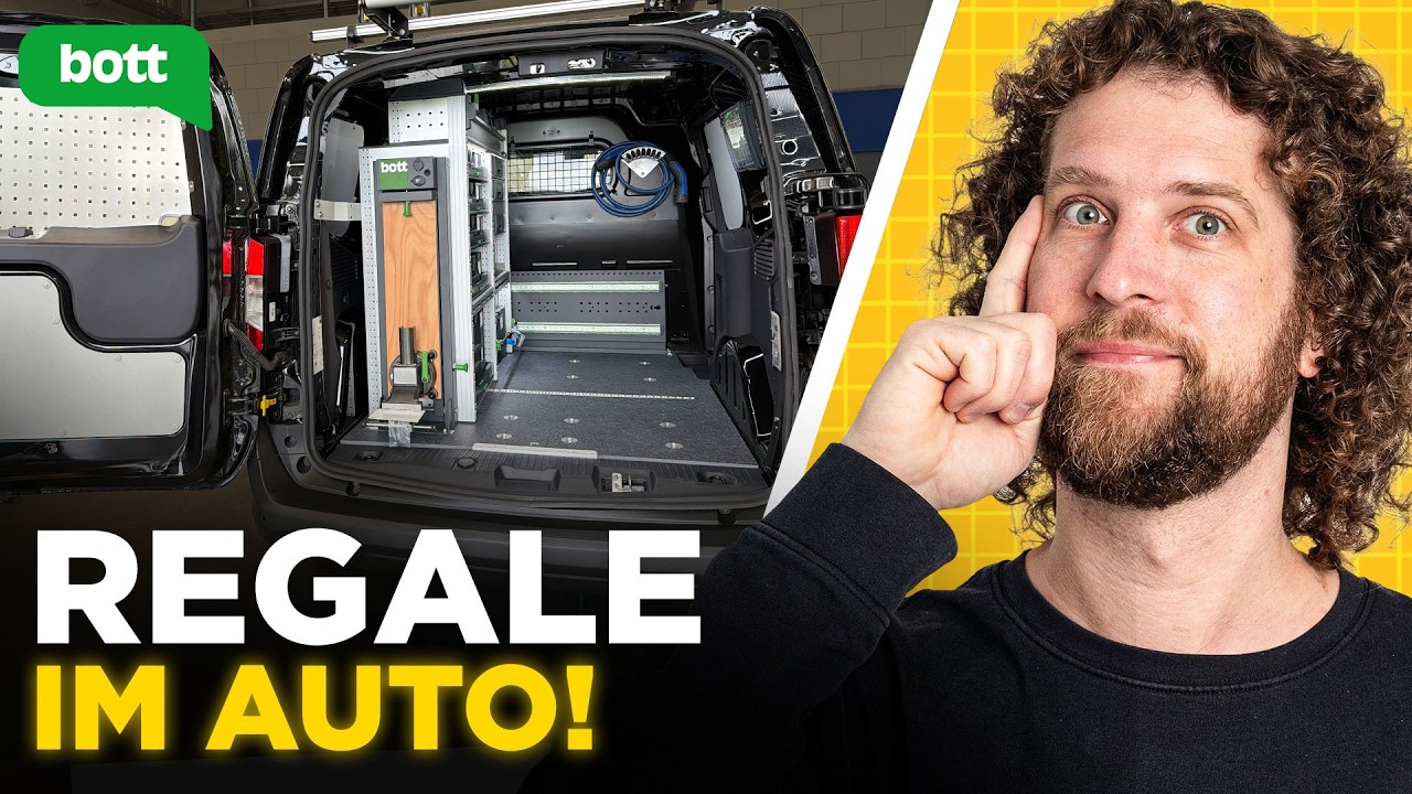 Vorschaubild: Blick durch die geöffneten Hecktüren in einen Transporter mit Regalsystem und Beleuchtung, rechts Tobias Haack mit dem Finger an der Schläfe, oben links das Bott-Logo, Schriftzug „Regale im Auto!“
