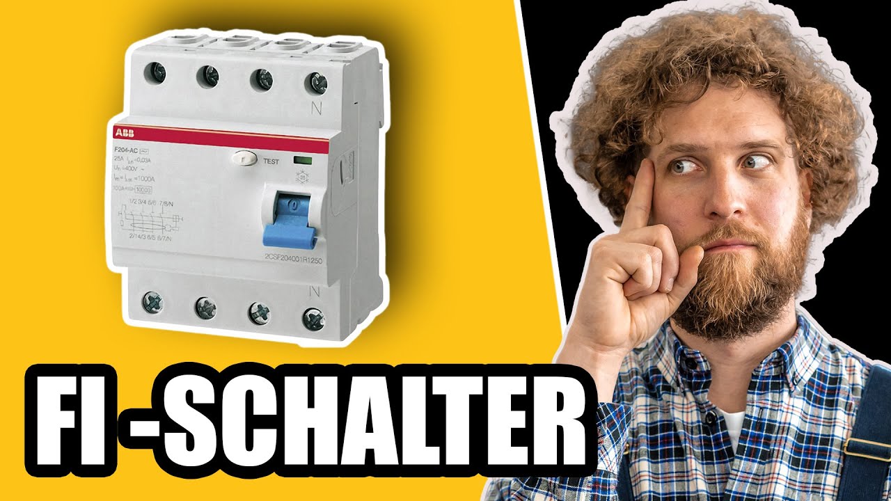 Vorschaubild: ein FI-Schutzschalter mit Testtaste auf gelbem Grund, daneben Tobias Haack mit nachdenklichem Blick, darunter der Schriftzug FI-Schalter