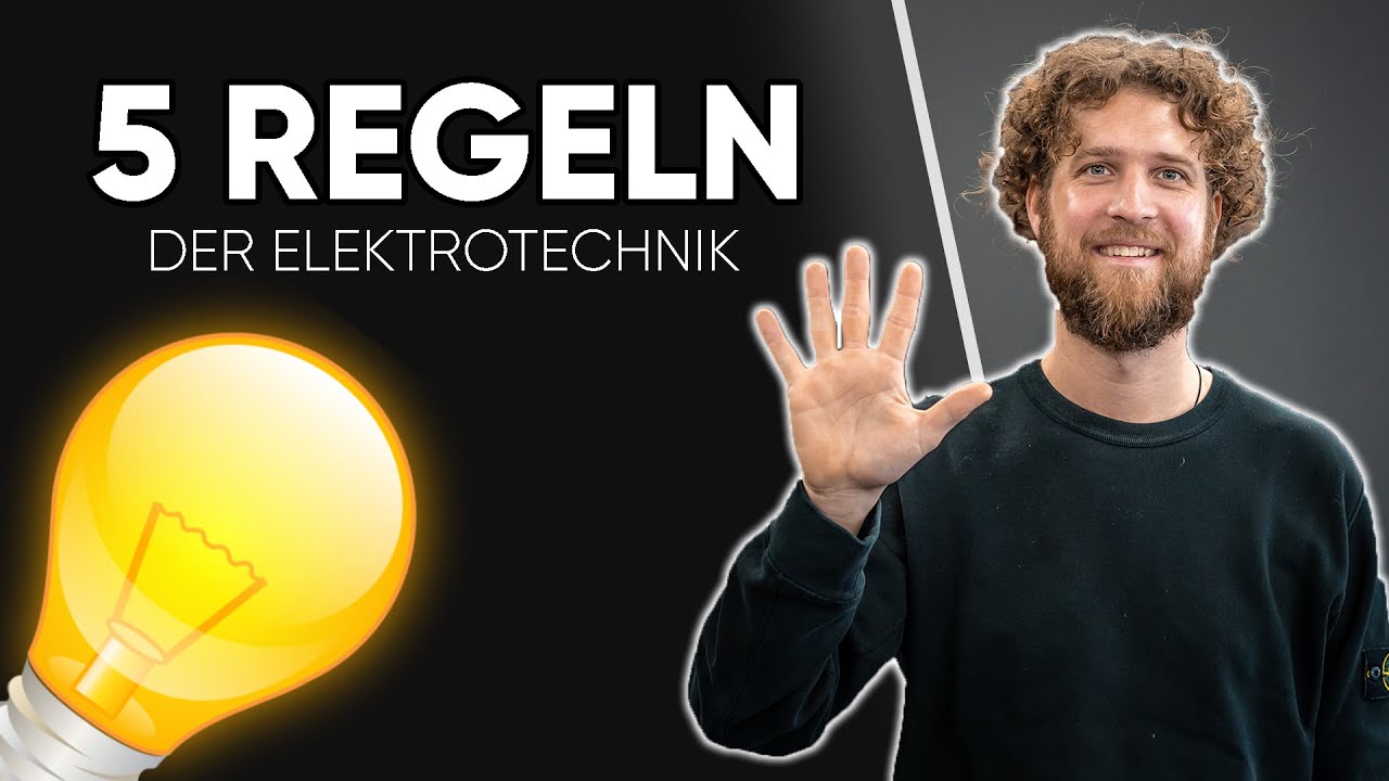 Tobias Haack hebt eine Hand mit fünf gespreizten Fingern, daneben eine gezeichnete leuchtende Glühbirne und der Schriftzug 5 Regeln der Elektrotechnik