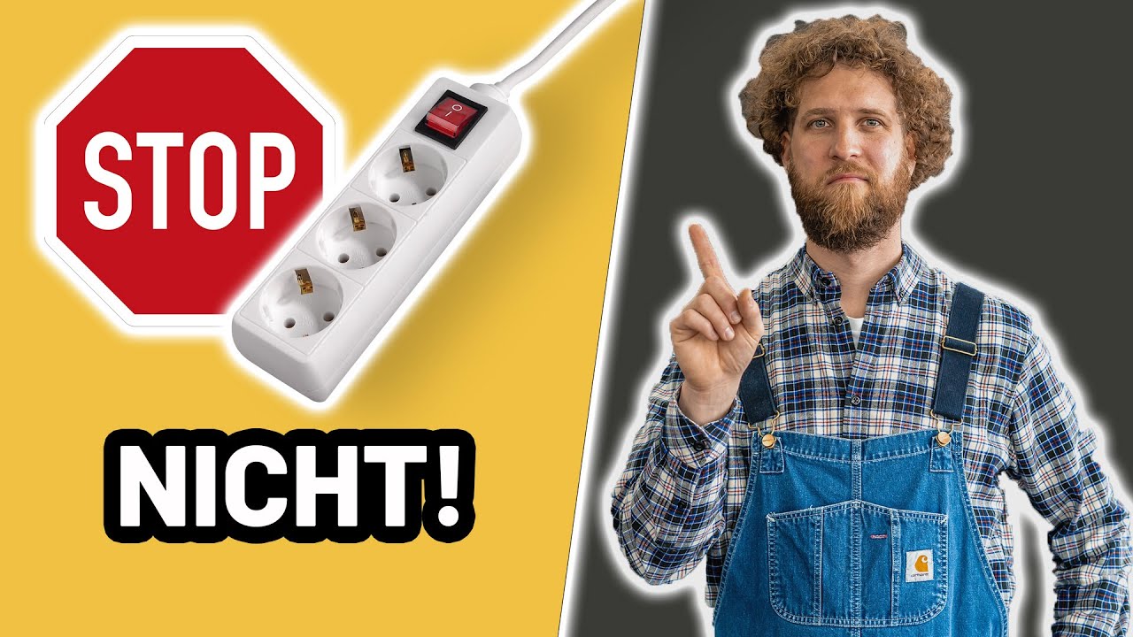 Vorschaubild: ein rotes Stoppschild und eine weiße Mehrfachsteckdose mit rotem Schalter, darunter der Schriftzug NICHT!, rechts Tobias Haack mit erhobenem Zeigefinger