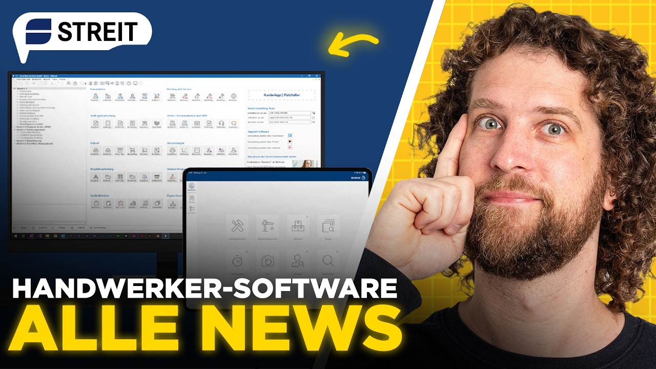 Tobias Haack mit dem Finger an der Schläfe neben einem Monitor und einem Tablet mit Software-Oberflächen, oben links das STREIT-Logo, unten der Schriftzug Handwerker-Software alle News