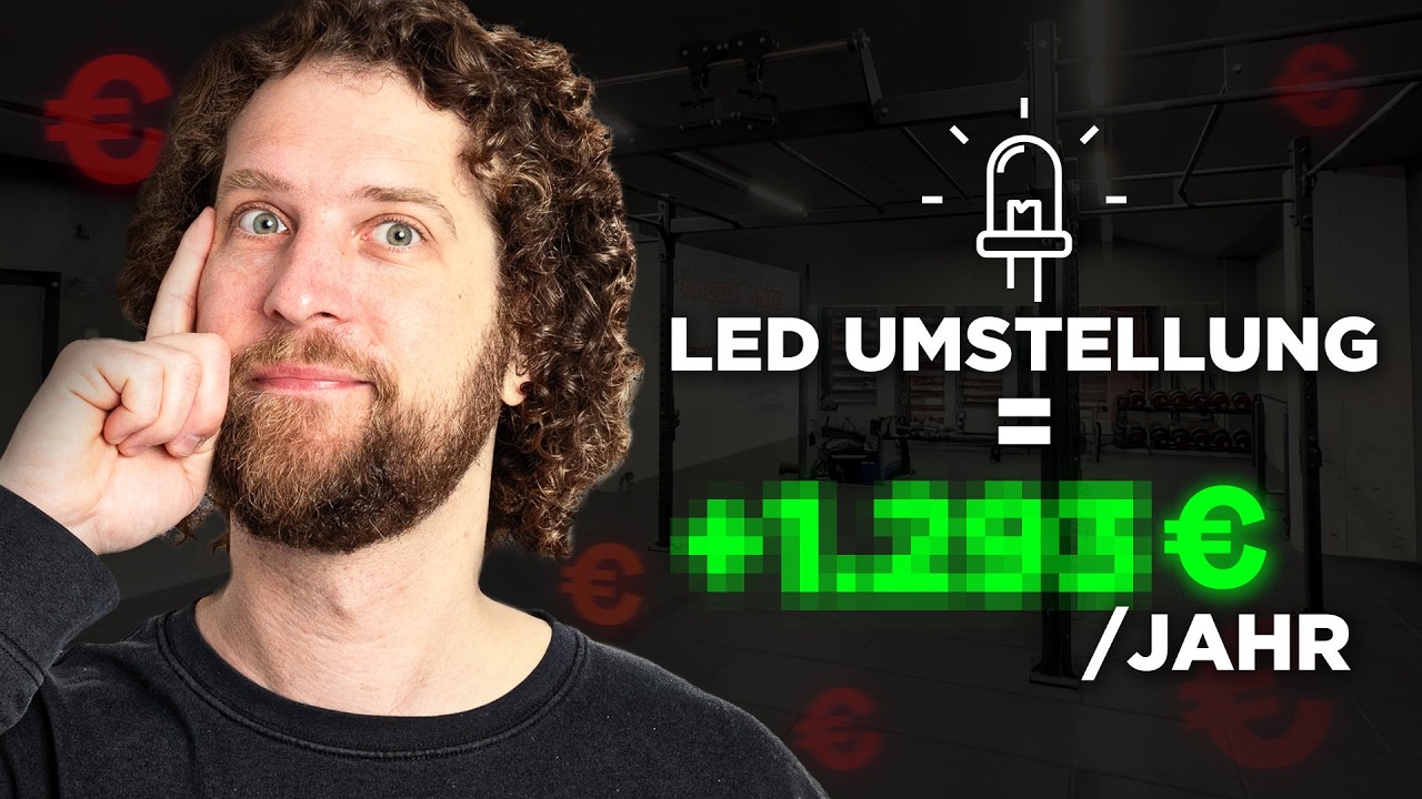 Tobias Haack mit dem Zeigefinger an der Schläfe vor einer abgedunkelten Trainingshalle, daneben eine LED-Grafik und der Text LED Umstellung, ein verpixelter Euro-Betrag und pro Jahr