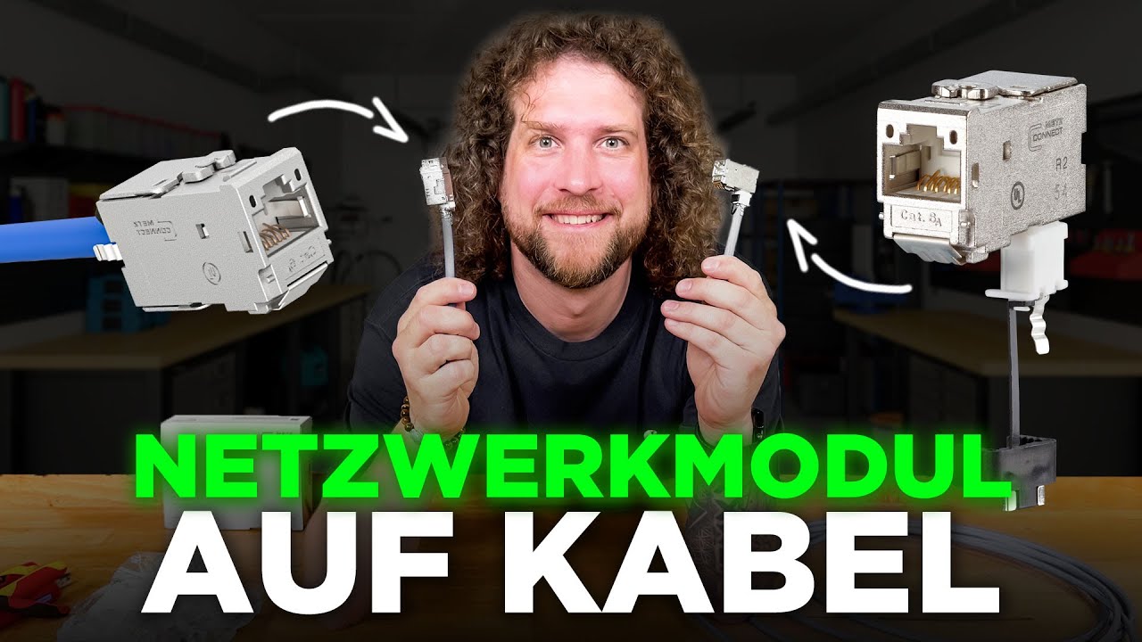 Vorschaubild: Tobias Haack hält lächelnd zwei Netzwerkkabel mit aufgesetzten Modulen hoch, links und rechts vergrößerte Netzwerkmodule von Metz Connect, darunter der Schriftzug „Netzwerkmodul auf Kabel“