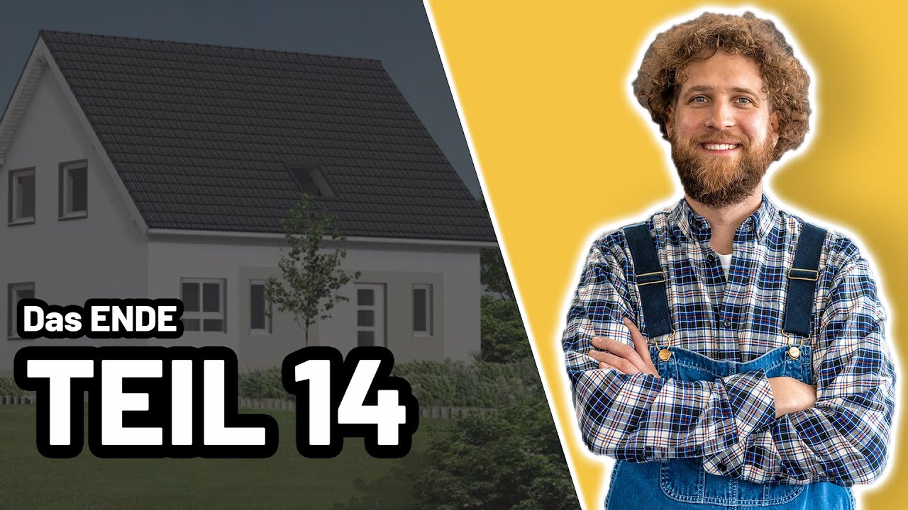 Tobias Haack mit verschränkten Armen vor gelbem Hintergrund, links ein Einfamilienhaus und der Schriftzug „Das Ende – Teil 14“