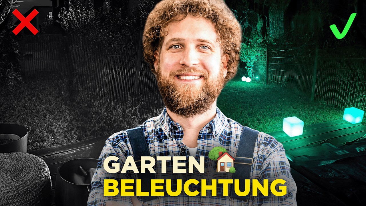 Vorschaubild: Tobias Haack lächelnd in kariertem Hemd und Latzhose vor einem Garten. Links ist der Garten dunkel mit rotem Kreuz, rechts grün beleuchtet mit leuchtenden Würfeln und Kugeln und grünem Haken. Schriftzug „Garten Beleuchtung“