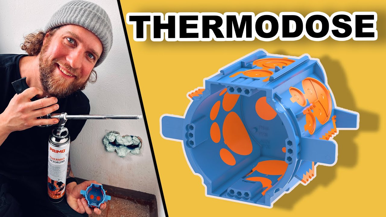 Vorschaubild: Tobias Haack mit Mütze hält eine Dose Primo Thermoschaum mit Pistole und eine kleine blaue Dose in der Hand, daneben groß eine blau-orange Gerätedose und der Schriftzug „Thermodose“