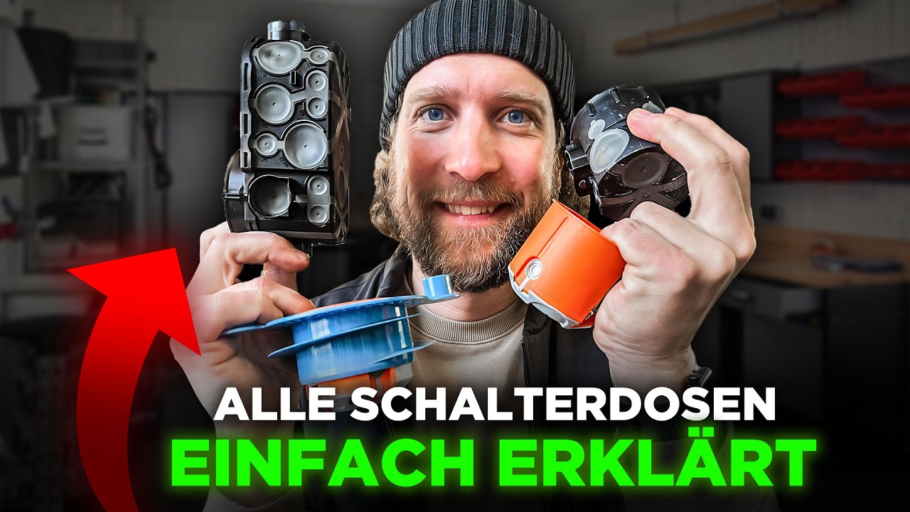 Tobias Haack hält mehrere Schalterdosen in Schwarz, Orange und Blau in den Händen, dazu der Schriftzug Alle Schalterdosen einfach erklärt