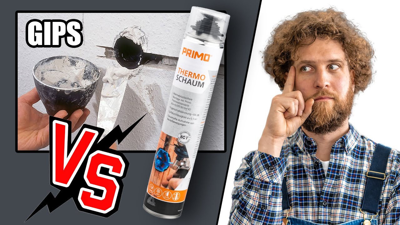 Vorschaubild: links eine Hand mit Gipsbecher und Spachtel vor einem Dosenloch in der Wand, Schriftzug „GIPS“, davor eine Sprühdose Primo Thermo Schaum und ein großes „VS“; rechts Tobias Haack in kariertem Hemd und Latzhose, nachdenklich mit dem Finger an der Schläfe