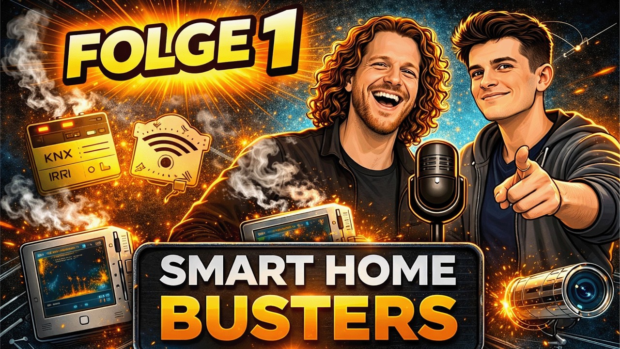 Illustriertes Vorschaubild: zwei Männer an einem Mikrofon, dazu die Schriftzüge „Folge 1“ und „Smart Home Busters“ und mehrere Geräte, eines mit der Aufschrift KNX