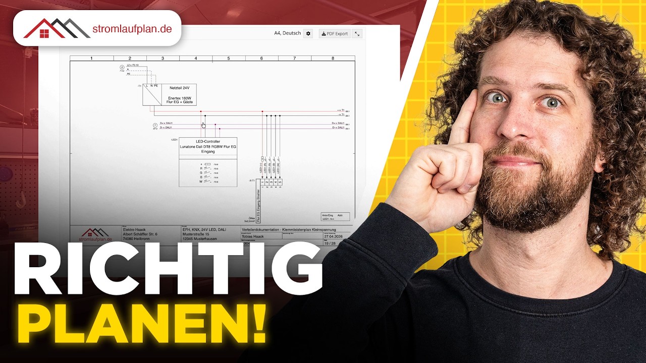 Vorschaubild: links das Logo von stromlaufplan.de über einem Stromlaufplan mit Netzteil 24V und LED-Controller, rechts Tobias Haack mit dem Finger an der Schläfe vor gelbem Hintergrund, unten der Schriftzug „Richtig planen!“