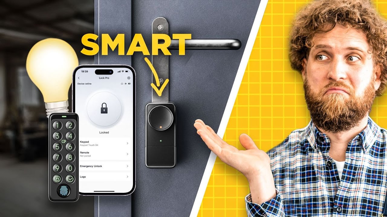 Vorschaubild: Tobias Haack mit skeptischem Blick und ausgestreckter Hand, daneben ein schwarzes Smart Lock an einer grauen Tür, ein Smartphone mit der Lock-Pro-App, ein Keypad mit Fingerabdruck-Feld, eine Glühbirne und der Schriftzug „SMART“ mit Pfeil
