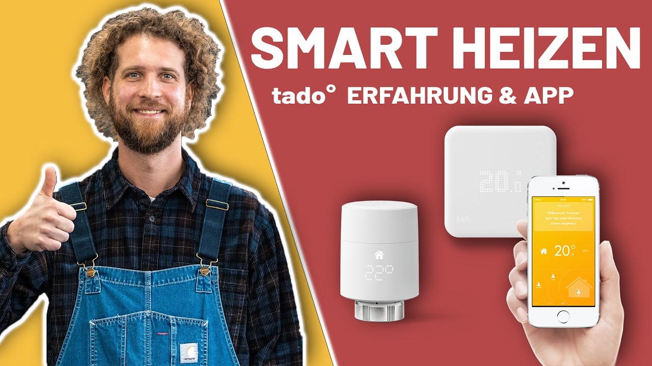 Vorschaubild: Tobias Haack lächelnd mit Daumen hoch, daneben ein Heizkörperthermostat, ein Wandthermostat und eine Hand mit Smartphone mit geöffneter App, Schriftzug „Smart heizen“ und „tado° Erfahrung & App“