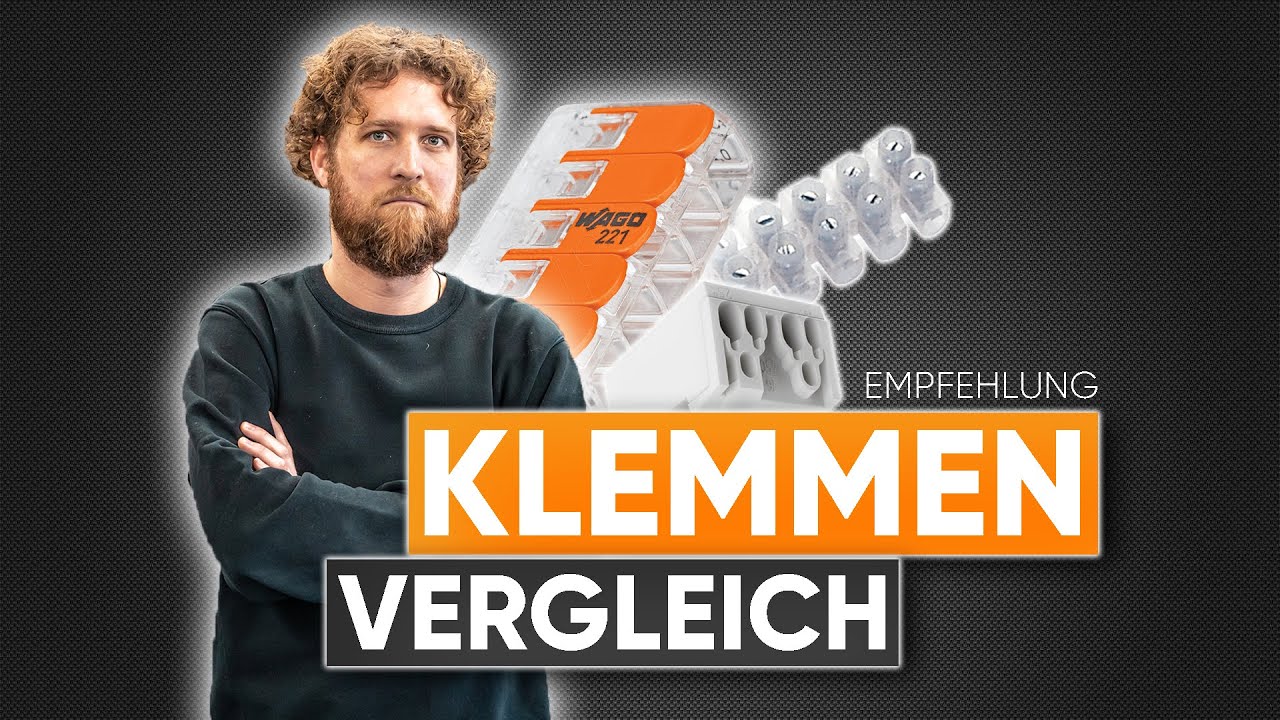Vorschaubild: Tobias Haack mit verschränkten Armen, daneben eine orange-transparente Klemme mit WAGO-Aufschrift, eine Lüsterklemmen-Leiste und eine weiße Klemme, Schriftzug „Empfehlung Klemmen Vergleich“