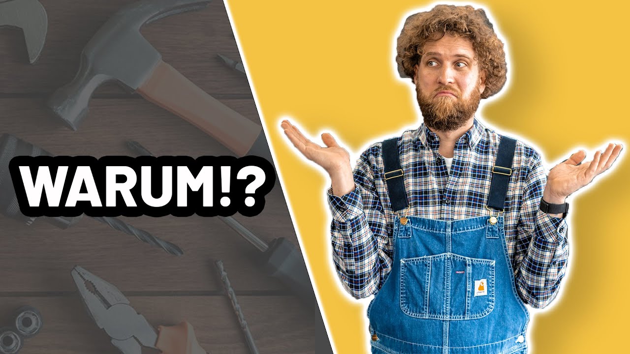 Vorschaubild: ein Mann mit Locken und Bart in kariertem Hemd und Latzhose zuckt mit den Schultern, links Werkzeug auf Holz und der Schriftzug „WARUM!?“
