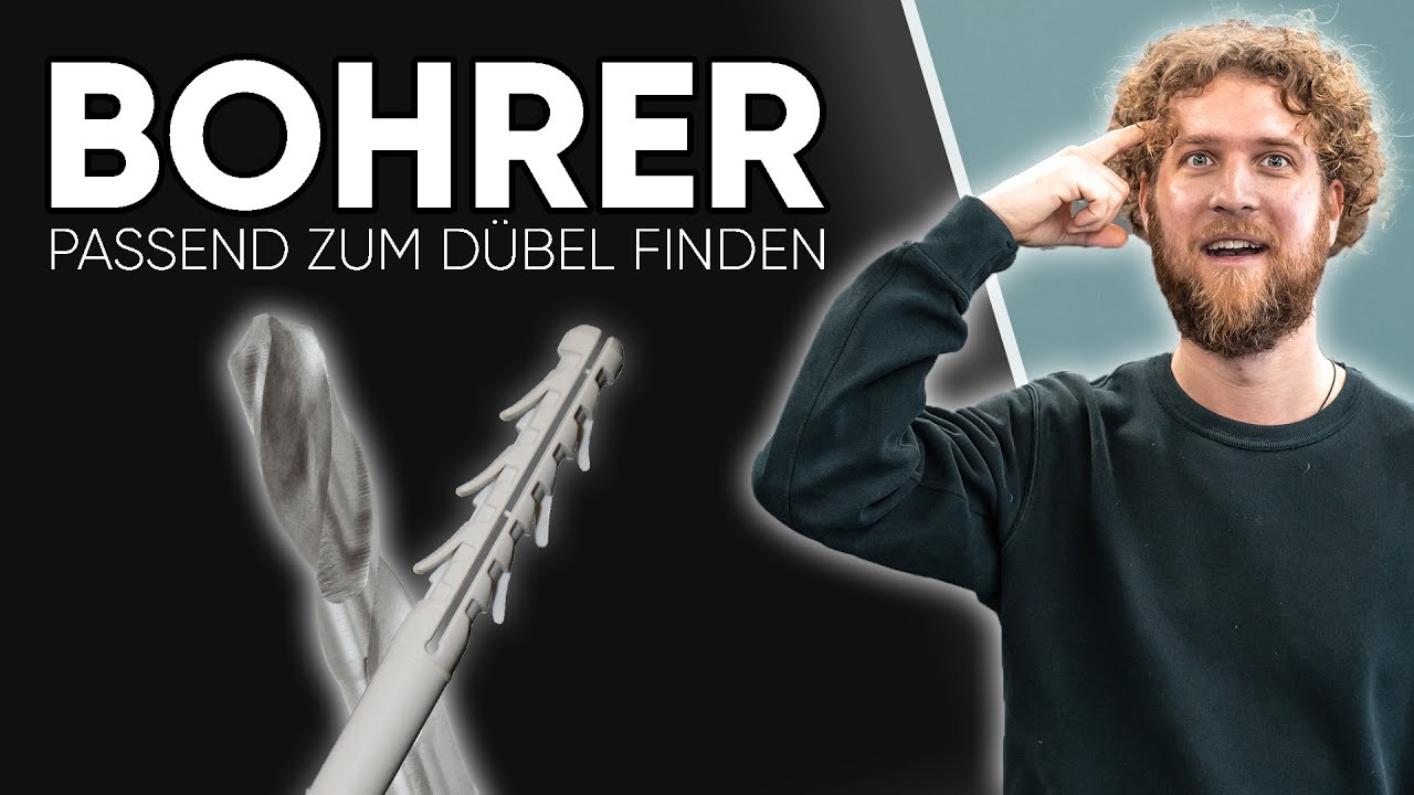 Tobias Haack tippt sich an die Stirn, daneben ein Bohrer und ein Dübel und der Schriftzug Bohrer passend zum Dübel finden