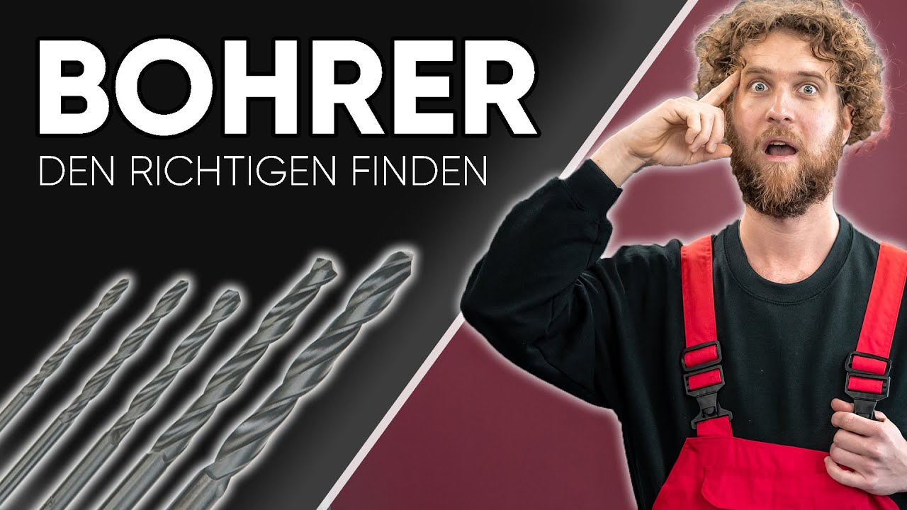 Vorschaubild: Tobias Haack in roter Latzhose tippt sich an die Stirn, links mehrere Bohrer und der Schriftzug „Bohrer – den richtigen finden“
